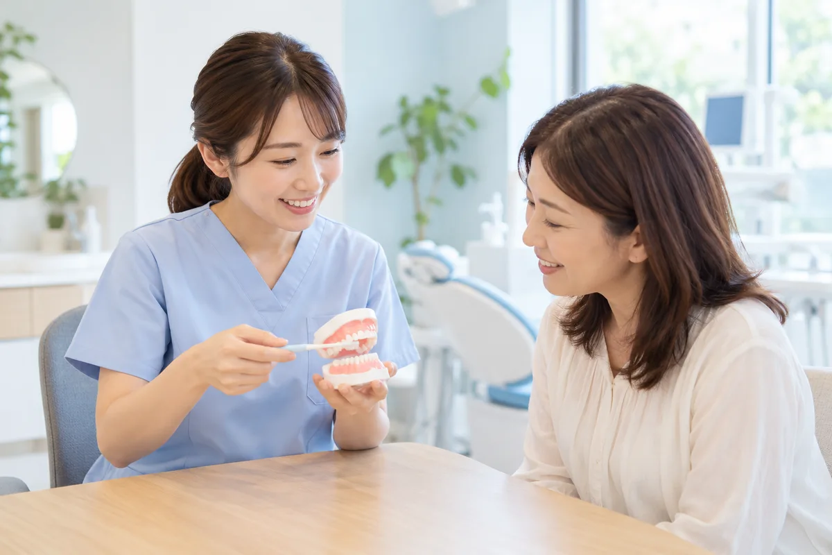 歯科衛生士が模型を使い、日々の歯みがきを説明するイメージ（AI生成）